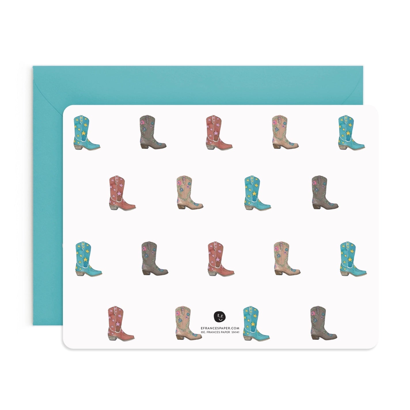 Back view of notecard showing repeating cowboy boot pattern