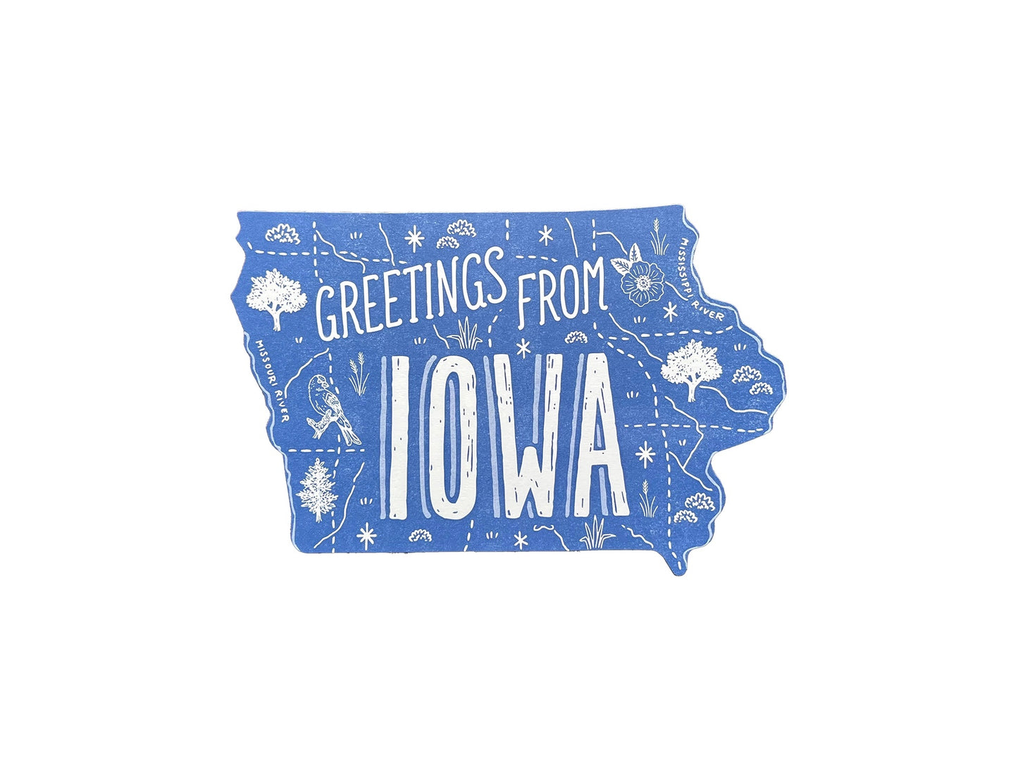 Blue postcard in the shape of Iowa. White text reads "Greetings from Iowa"