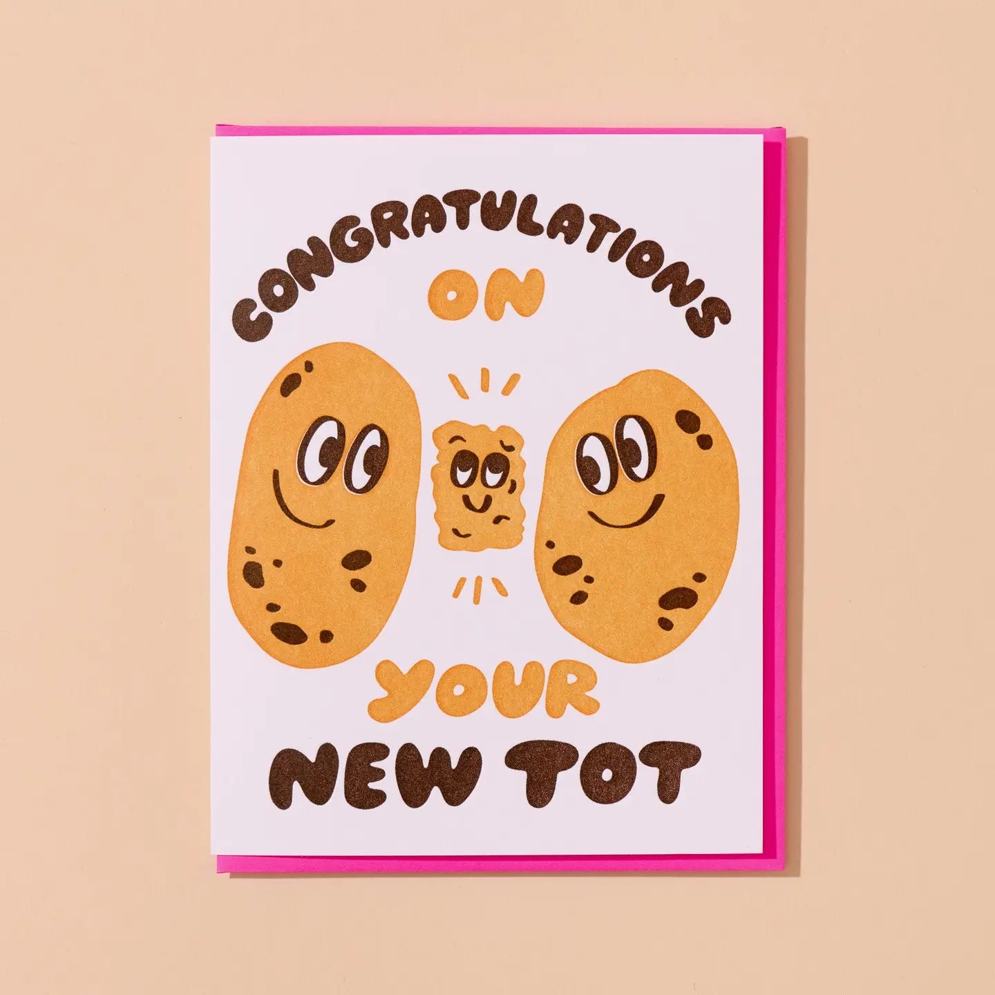 White greeting card with an illustration of two potatoes and a tater tot . Text: congratulations on your new tot