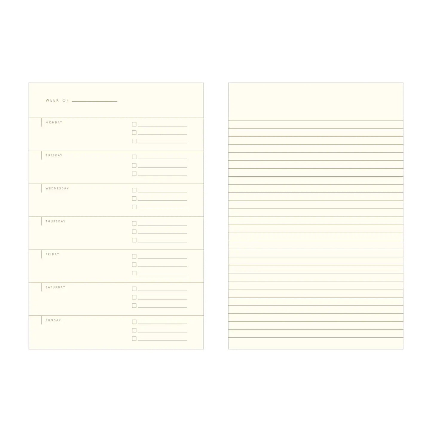 Inside view of the notebook. Left-side pages have days of the week listed with three lines per day. Right-side pages are lined paper.