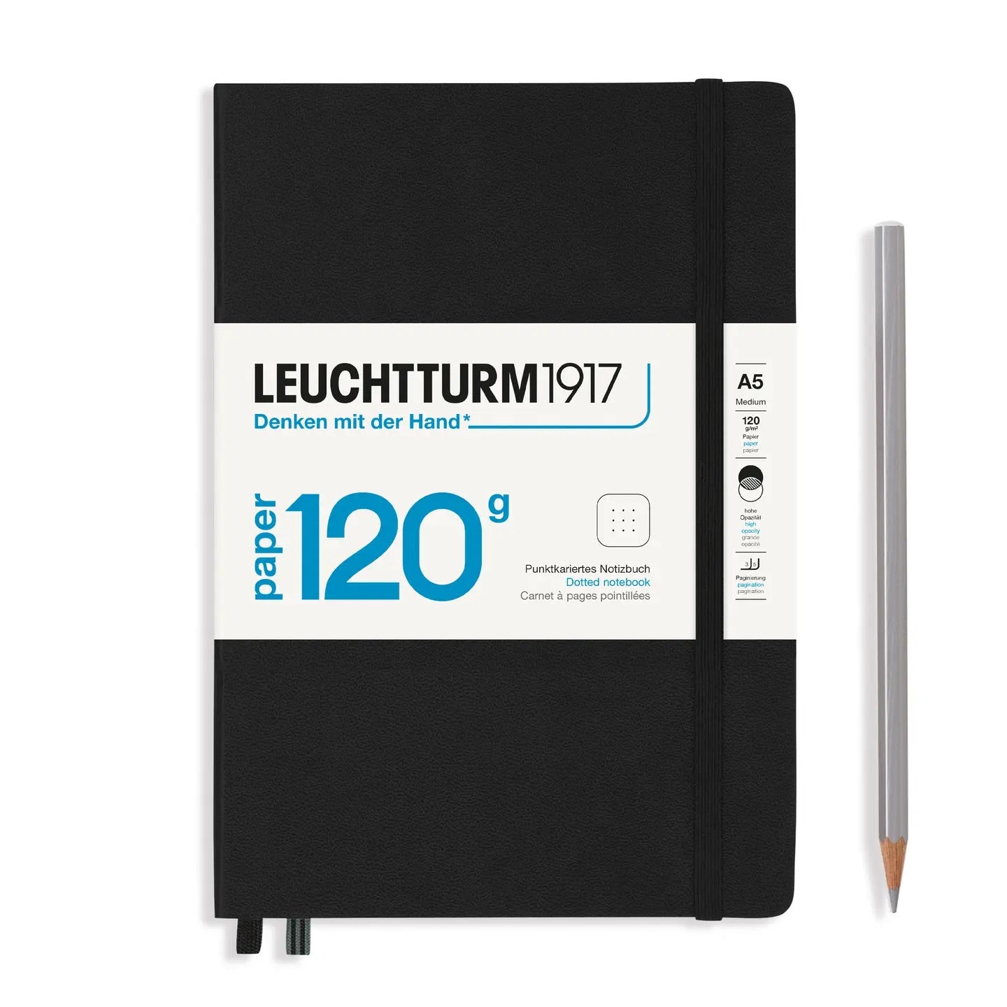 Front of a hardcover notebook. Black color