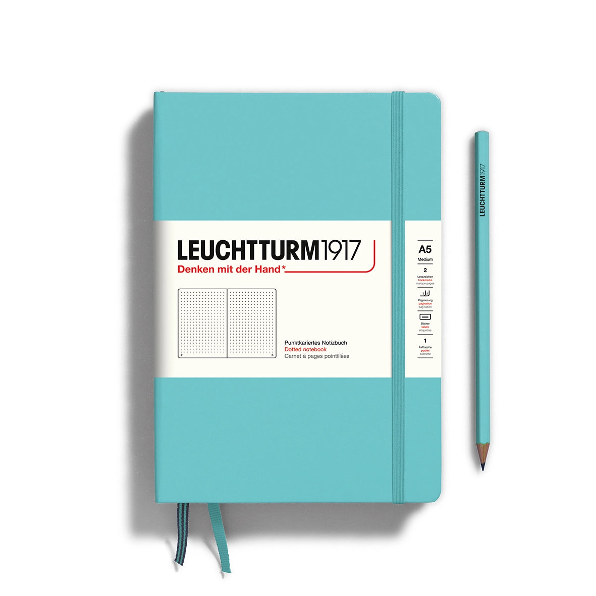 Front of a hardcover notebook. Aquamarine color.