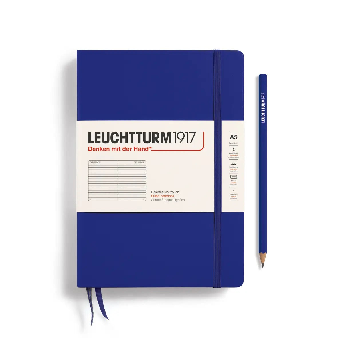 Dark blue notebook with white label featuring 'Leuchtturm1917' branding