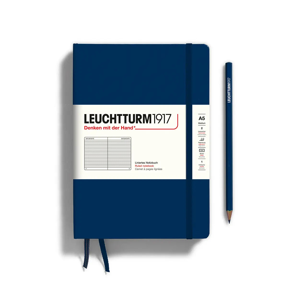Navy blue notebook with white label featuring 'Leuchtturm1917' on a white background