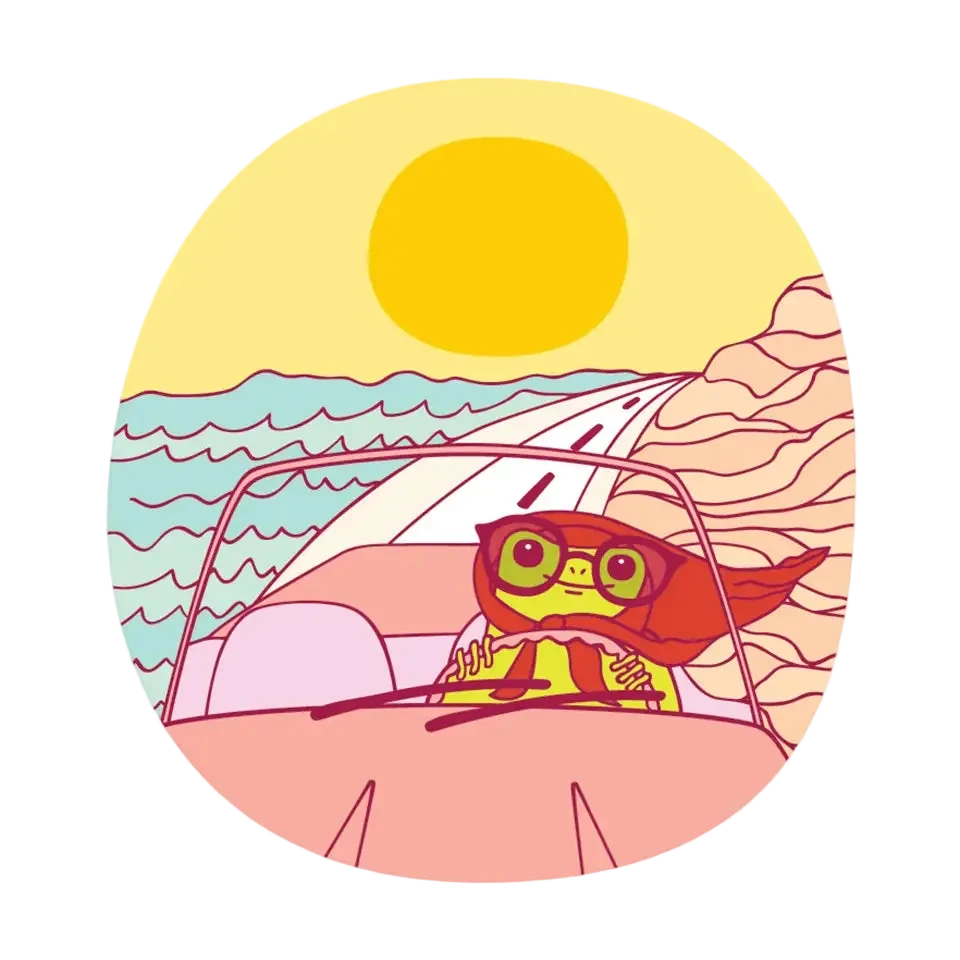 Round sticker of a frog driving a car along a beach highway