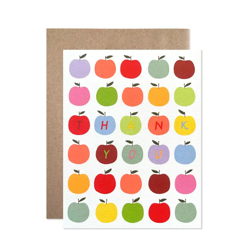 Card with colorful apple pattern spelling 'THANK YOU' on a white background