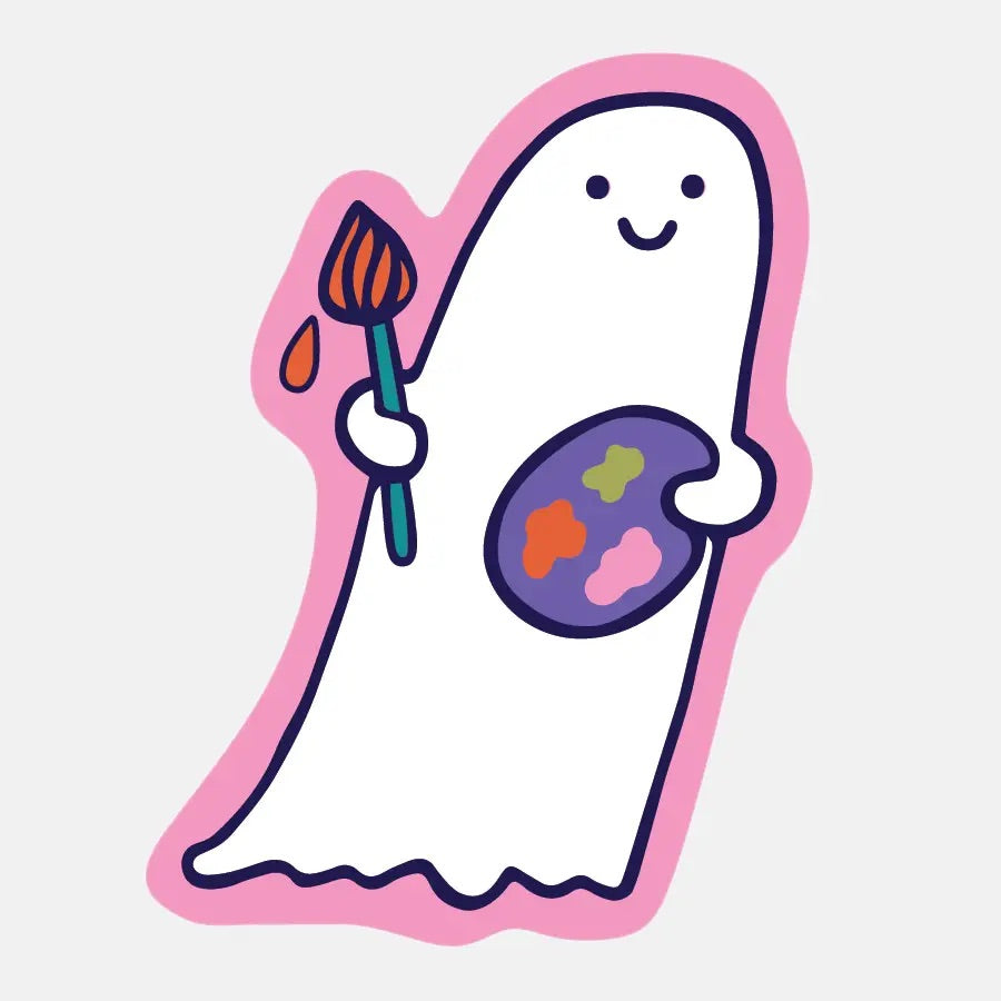 Die-cut sticker in the shape of a ghost. White ghost on a pink background. Ghost is holding a paintbrush and paint palate.
