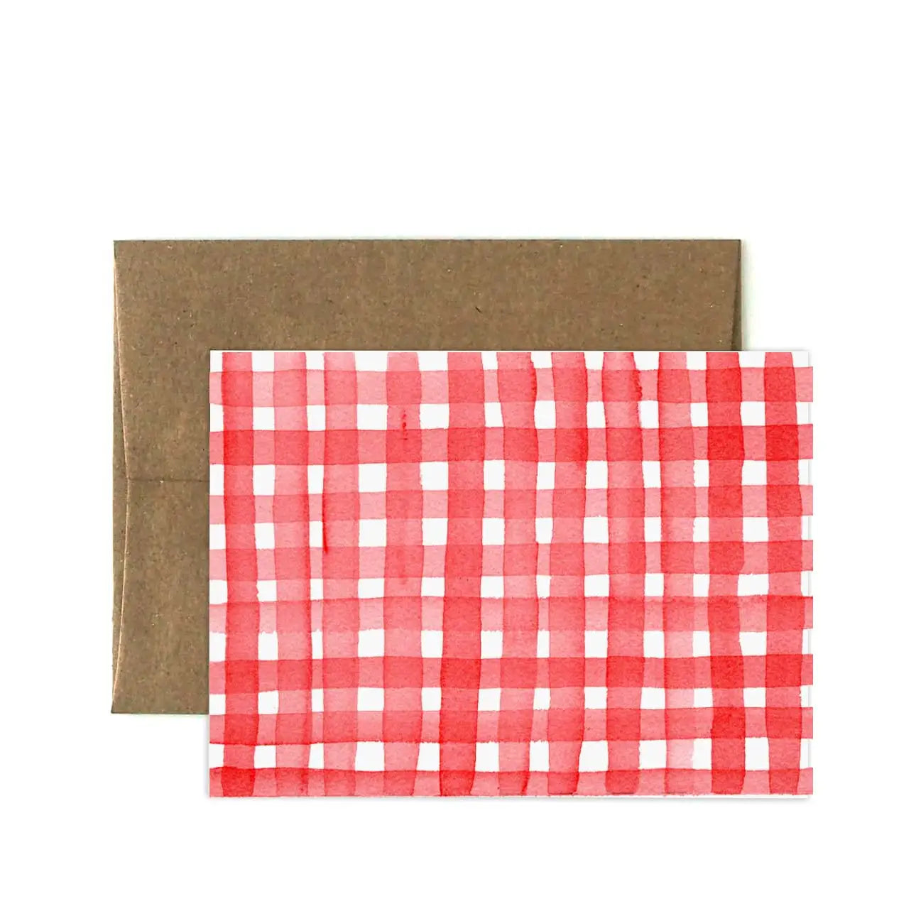 Red and white checkered card with a brown envelope on a white background