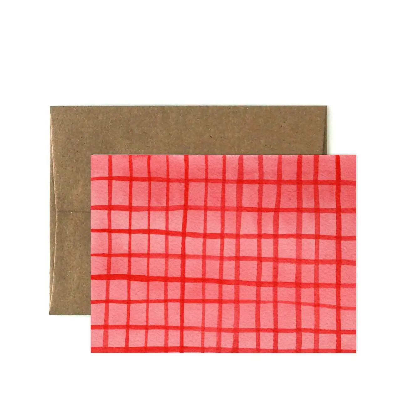 Red checkered card with a brown envelope on a white background