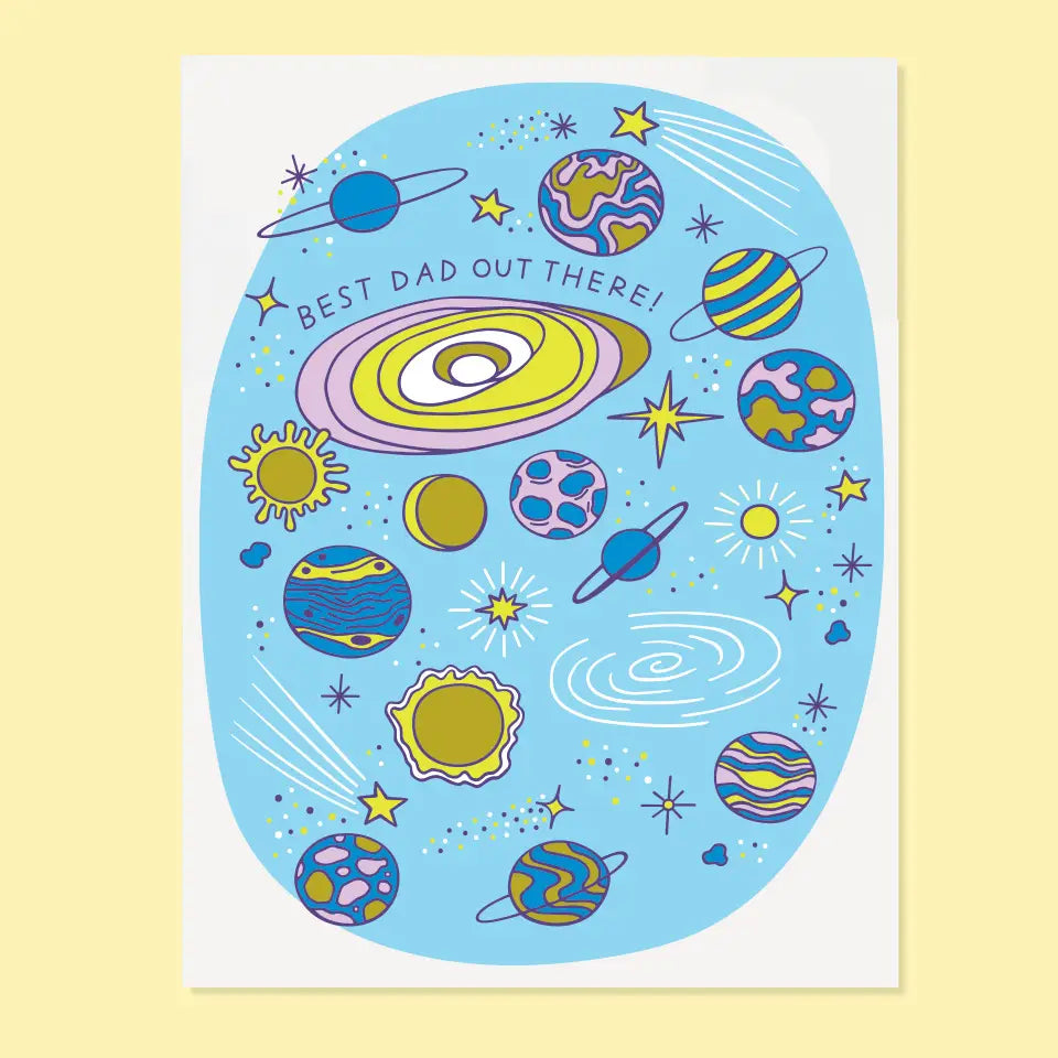 White greeting card with an illustration of outer space. Text: best dad out there!