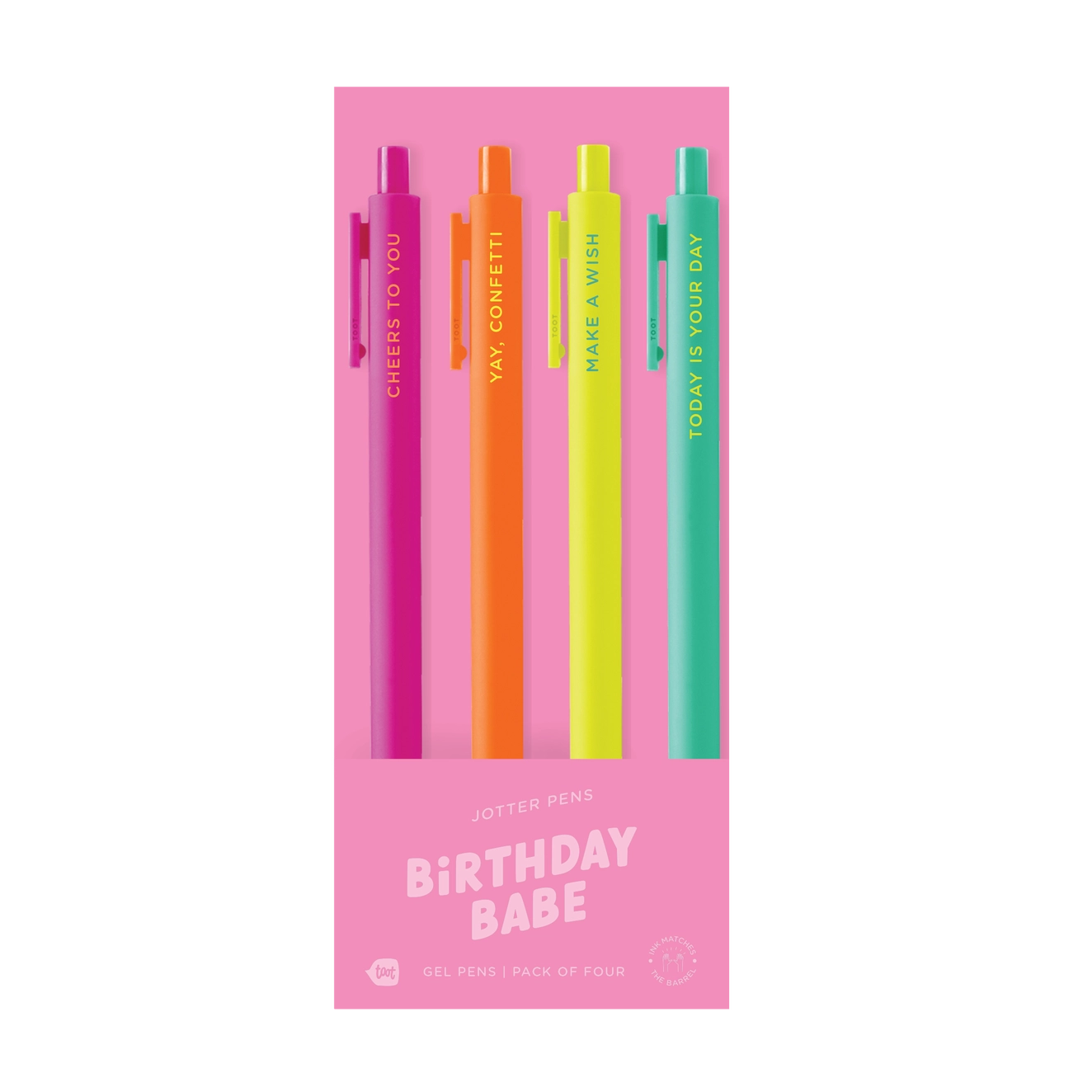 Set of colorful pens in a pink packaging with 'Birthday Babe' text