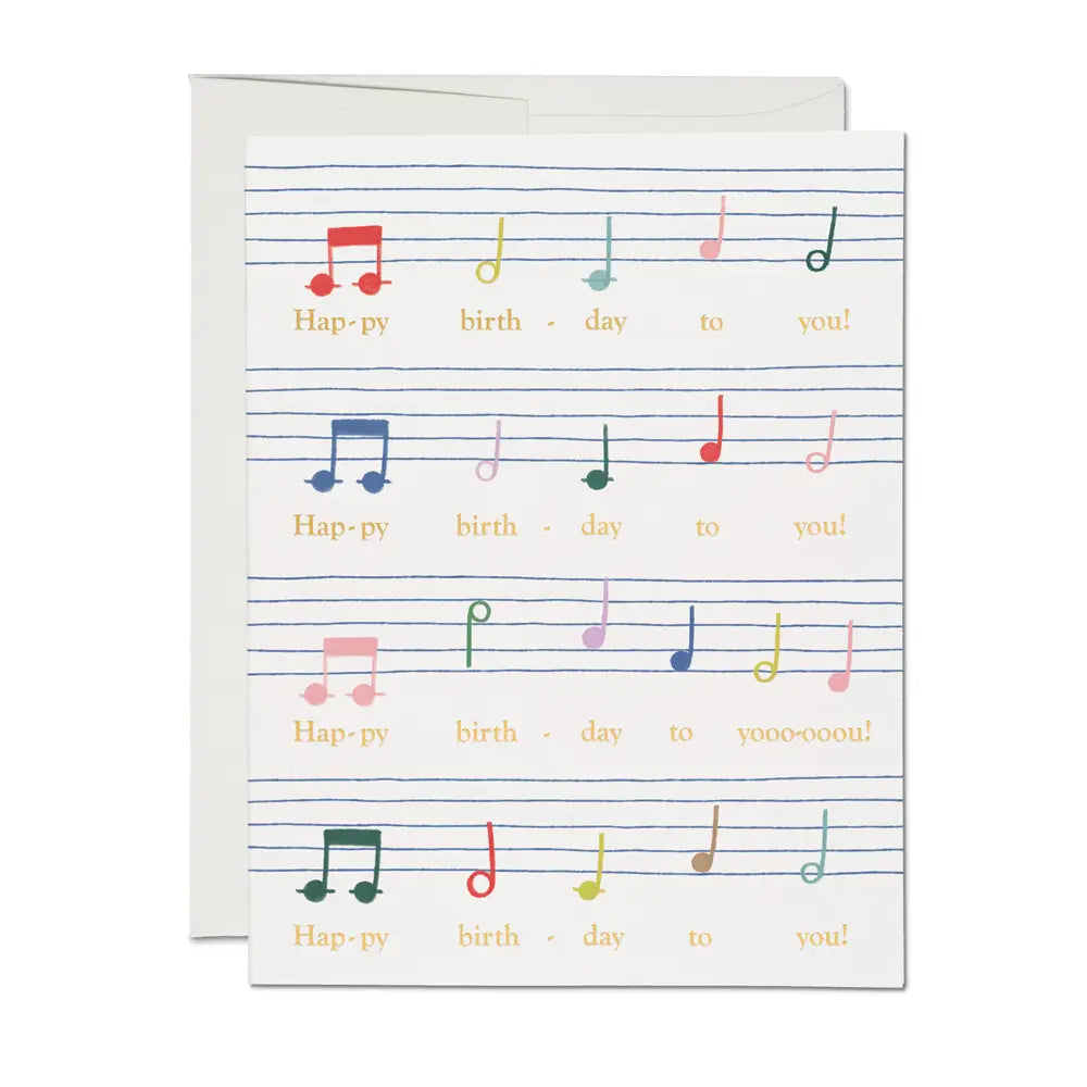 White greeting card featuring music notes for happy birthday song