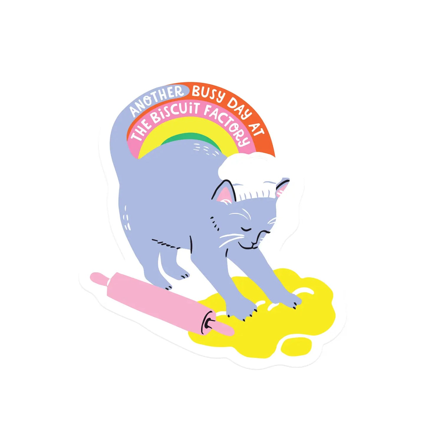 A sticker depicting a cartoon cat with a chef's hat making biscuits, with the text 'Another busy day at the biscuit factory'.