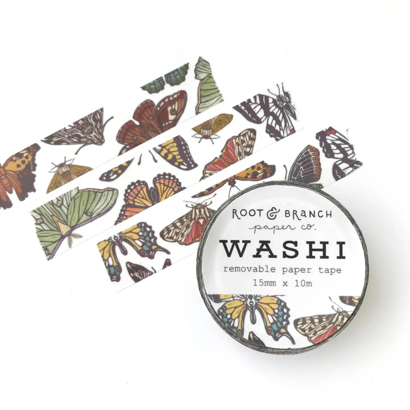 Front cover of Washi tape roll. Three pieces of tape with butterfly and moth pattern.