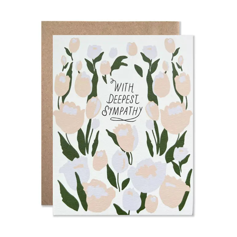 Sympathy card with tulip design and 'With Deepest Sympathy' text on a white background.