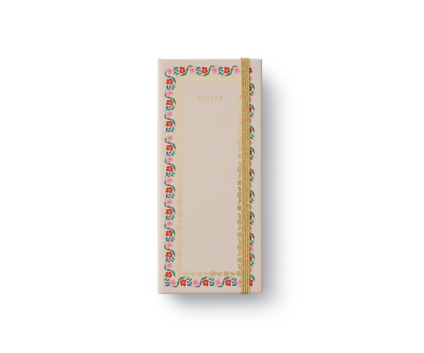 Closed book view of product. Cream-colored cover with pink and red floral border.