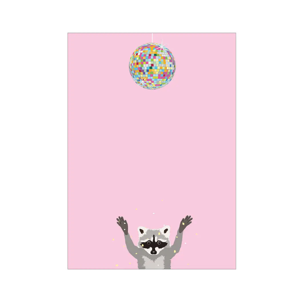 Pink notepad with illustration of a disco ball and a raccoon