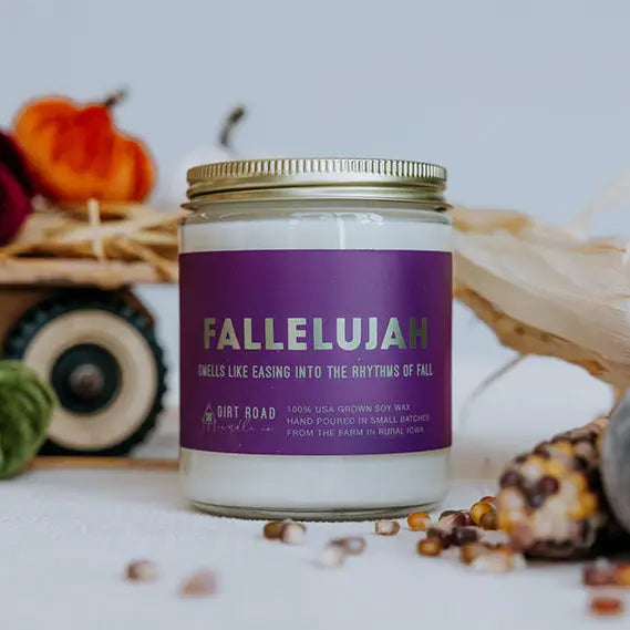 Candle jar with a purple label titled 'Fallelujah'