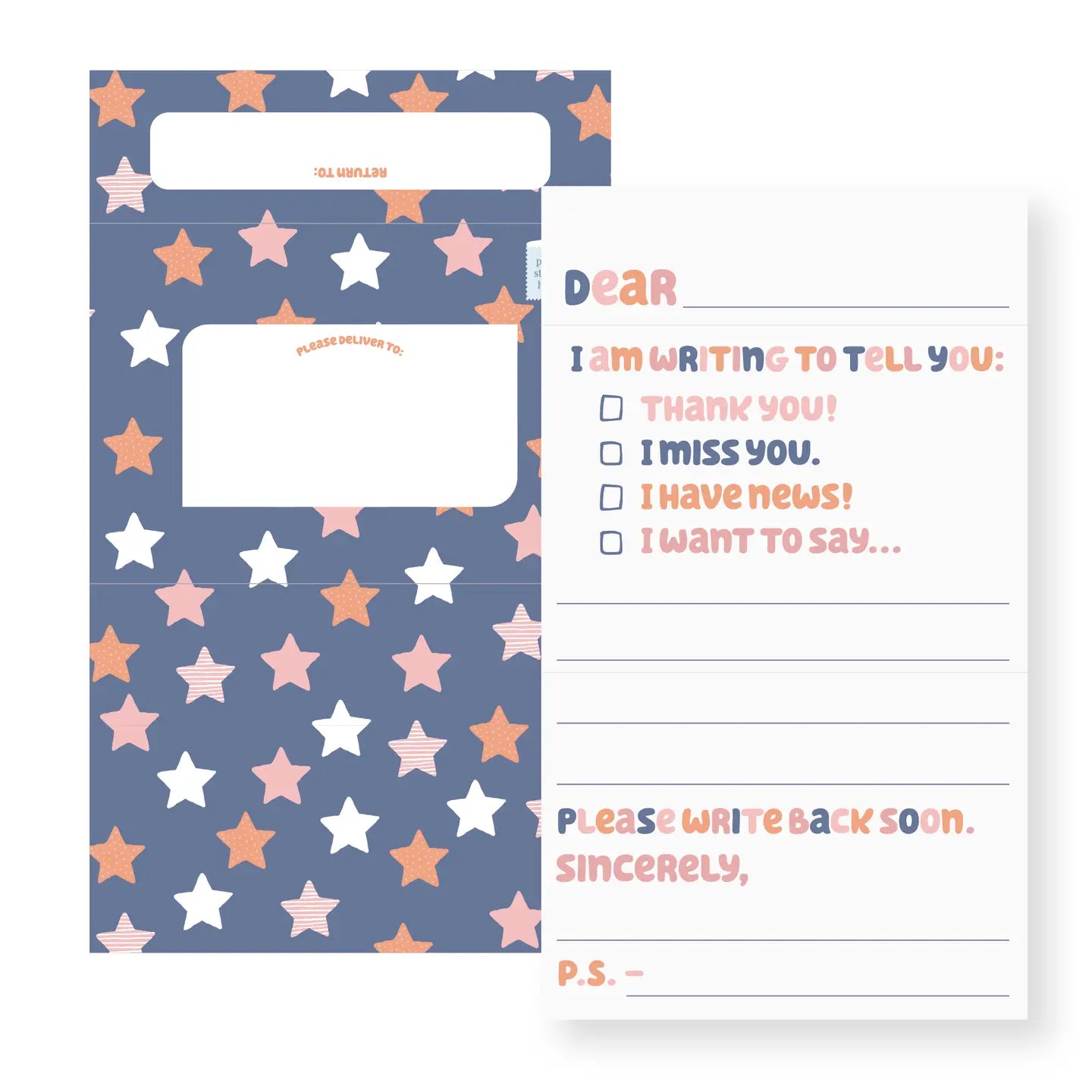 Envelope with star pattern and white paper with writing prompts