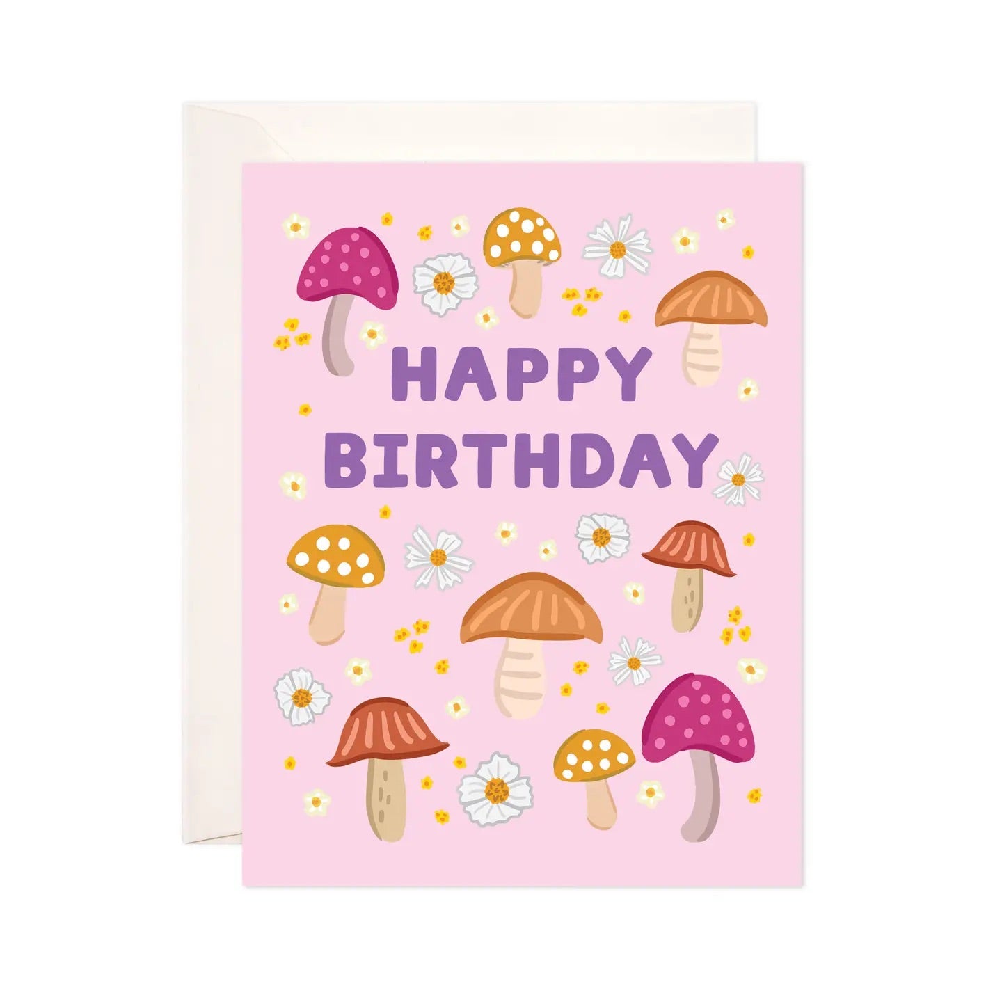 White greeting card with full color pink background. Colorful illustrations of flowers and mushrooms. Purple text “happy birthday”