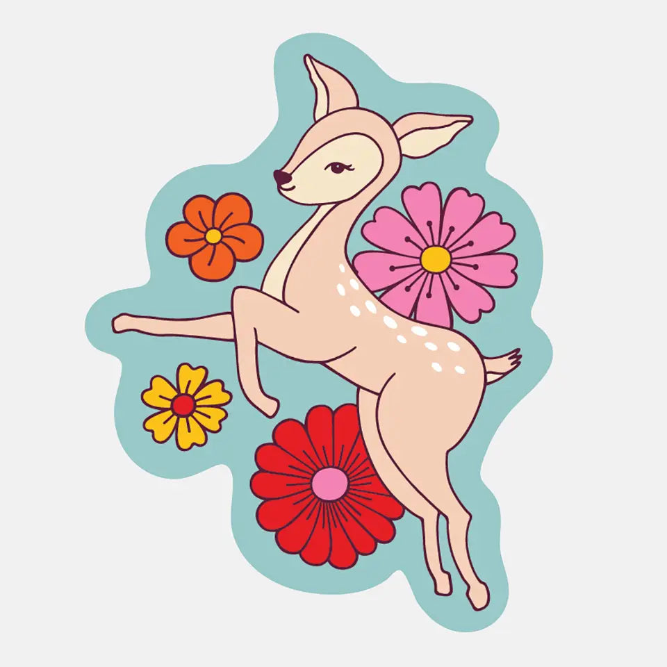 Die-cut sticker of a deer with flowers around it