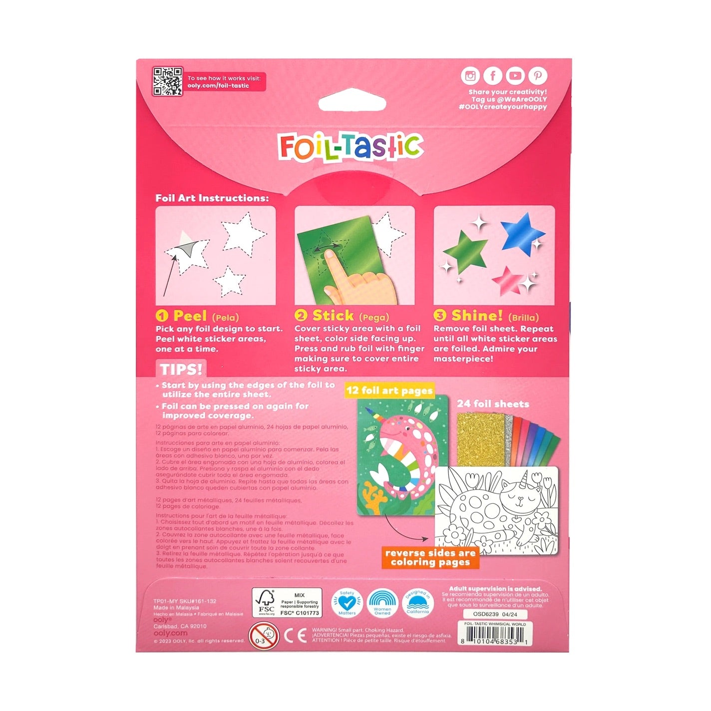 Back cover of foil art kit listing instructions