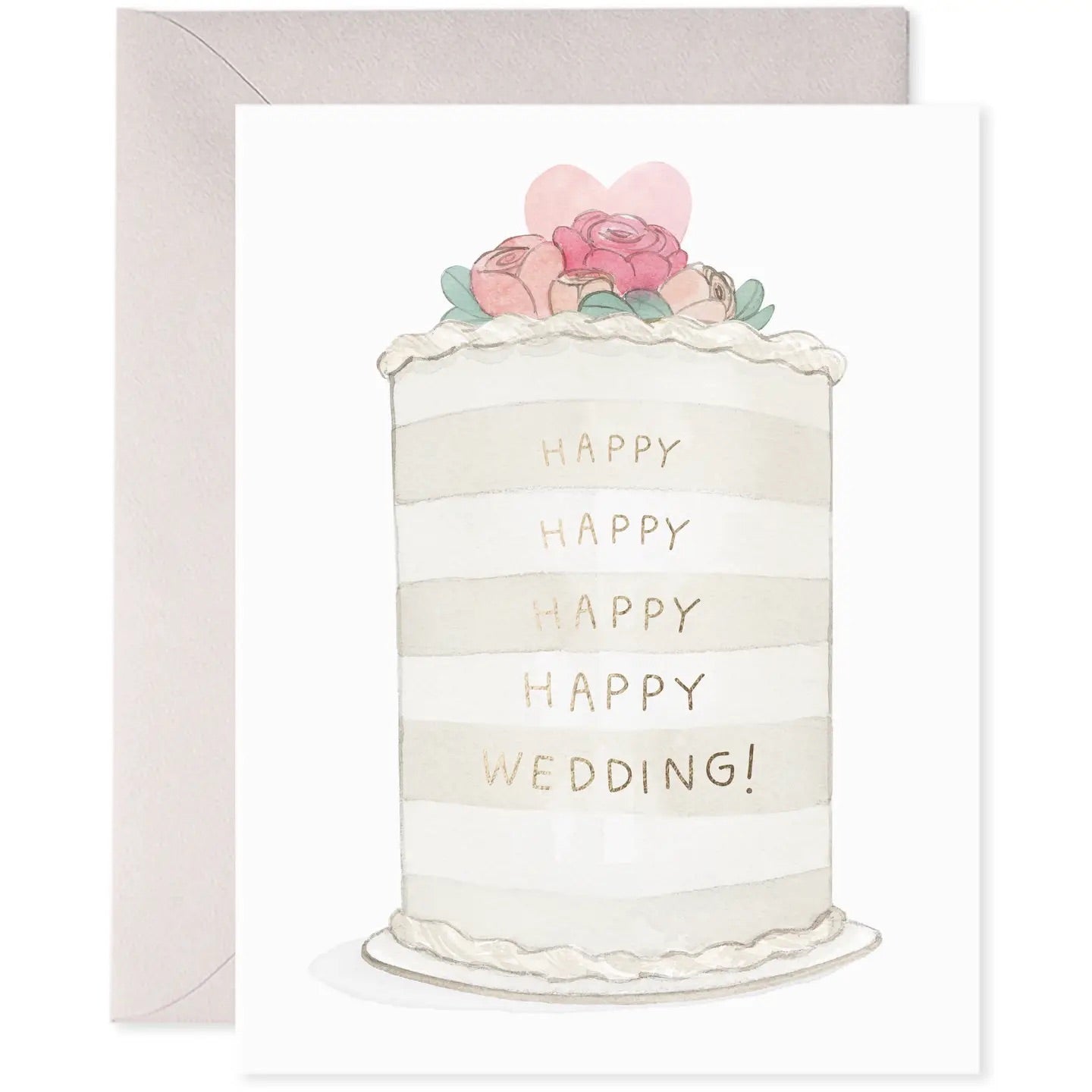 White greeting card with an illustration of a layered wedding cake. Gold text “happy happy happy happy wedding”
