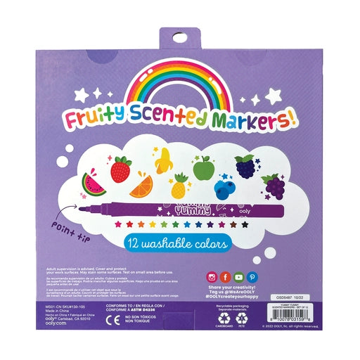 Packaging of fruity scented markers with a rainbow and fruit illustrations in a purple box