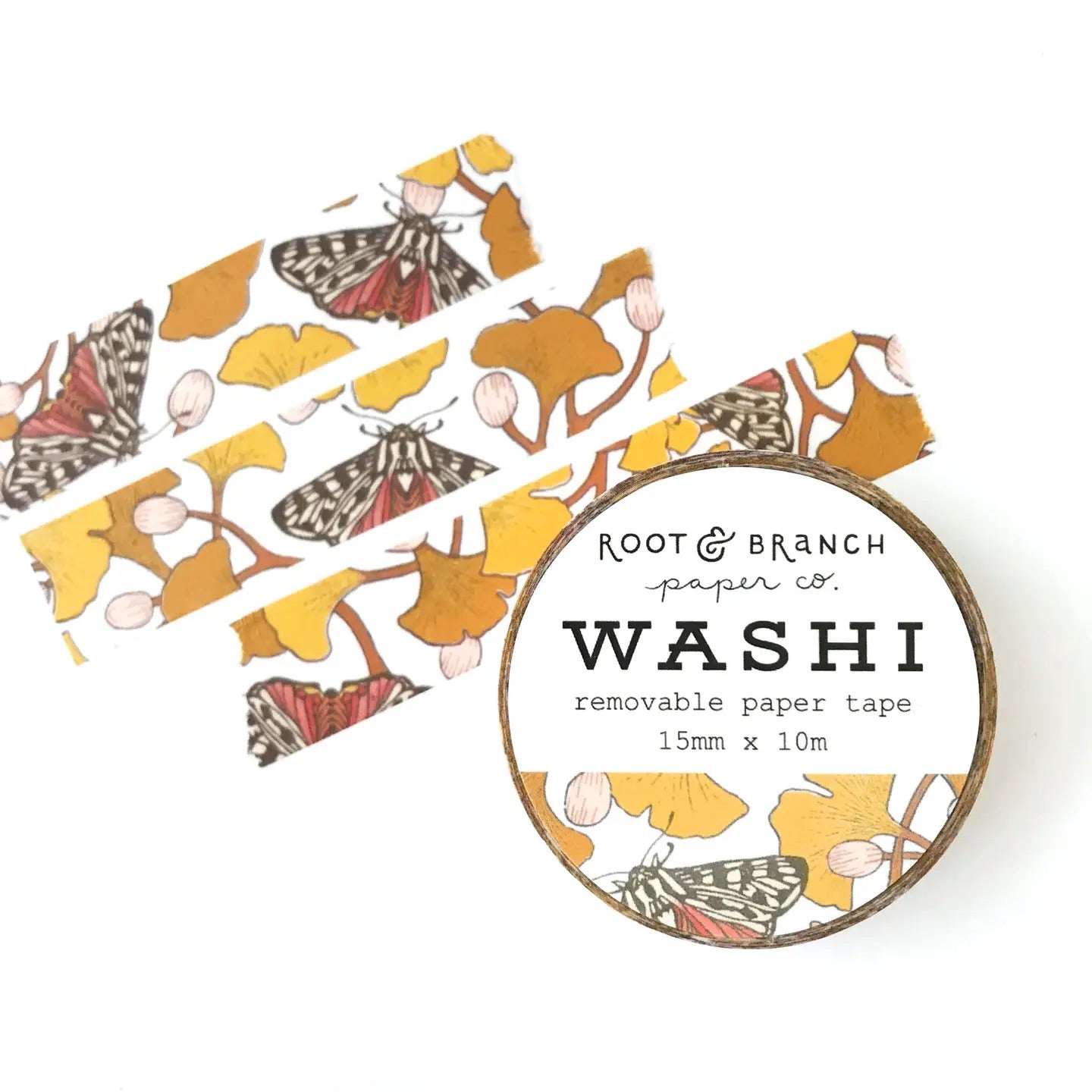 Front cover of Washi tape roll. Three pieces of tape with ginkgo and tiger moth pattern.