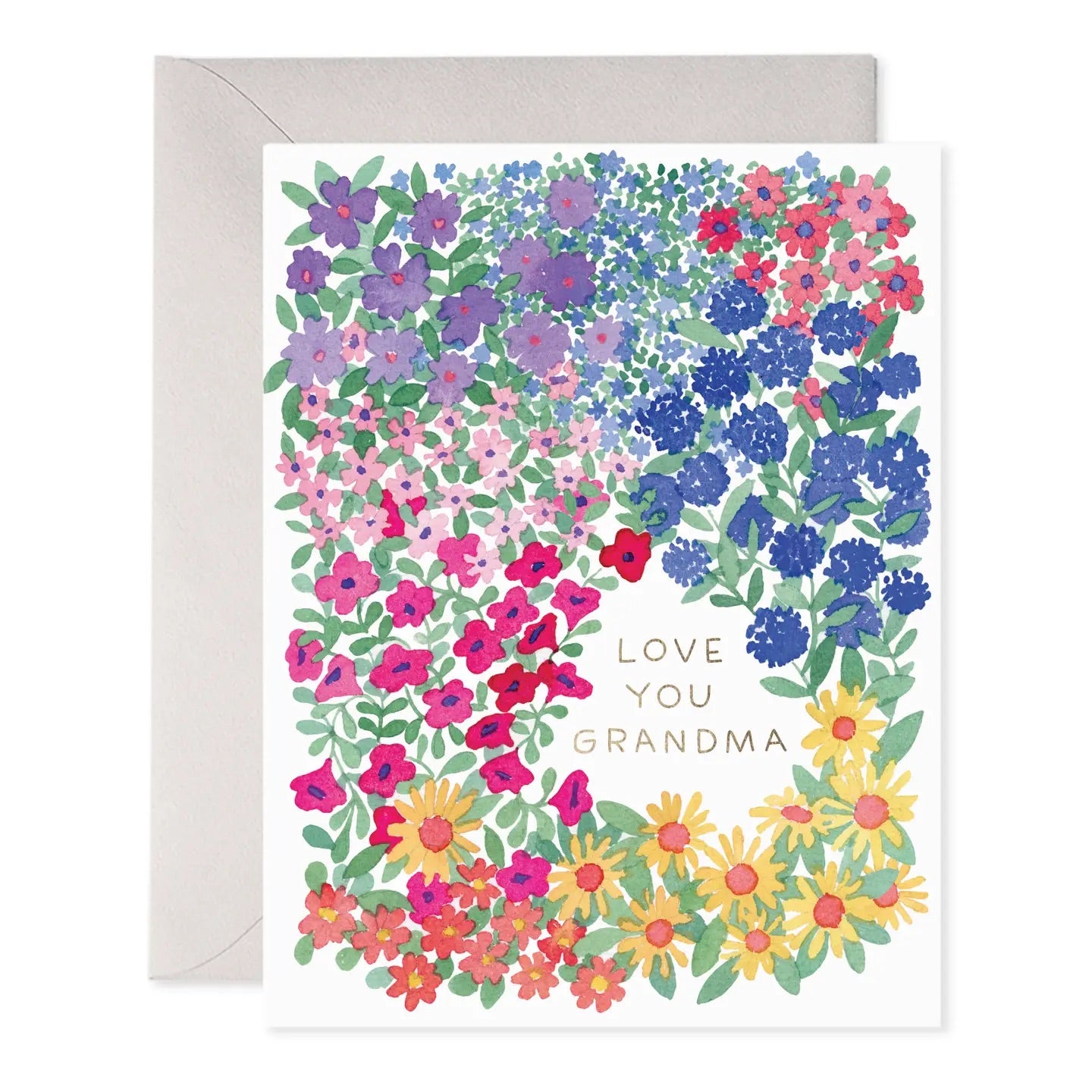 White greeting card with colorful floral illustrations. Text “love you grandma”