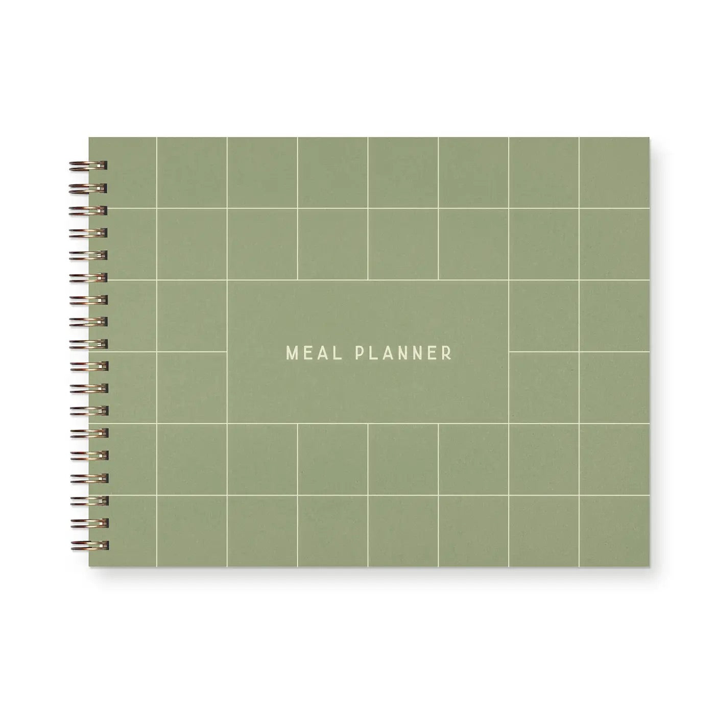 Front cover view of spiral-bound meal planner. Light green cover with white grid line design. White text "meal planner"