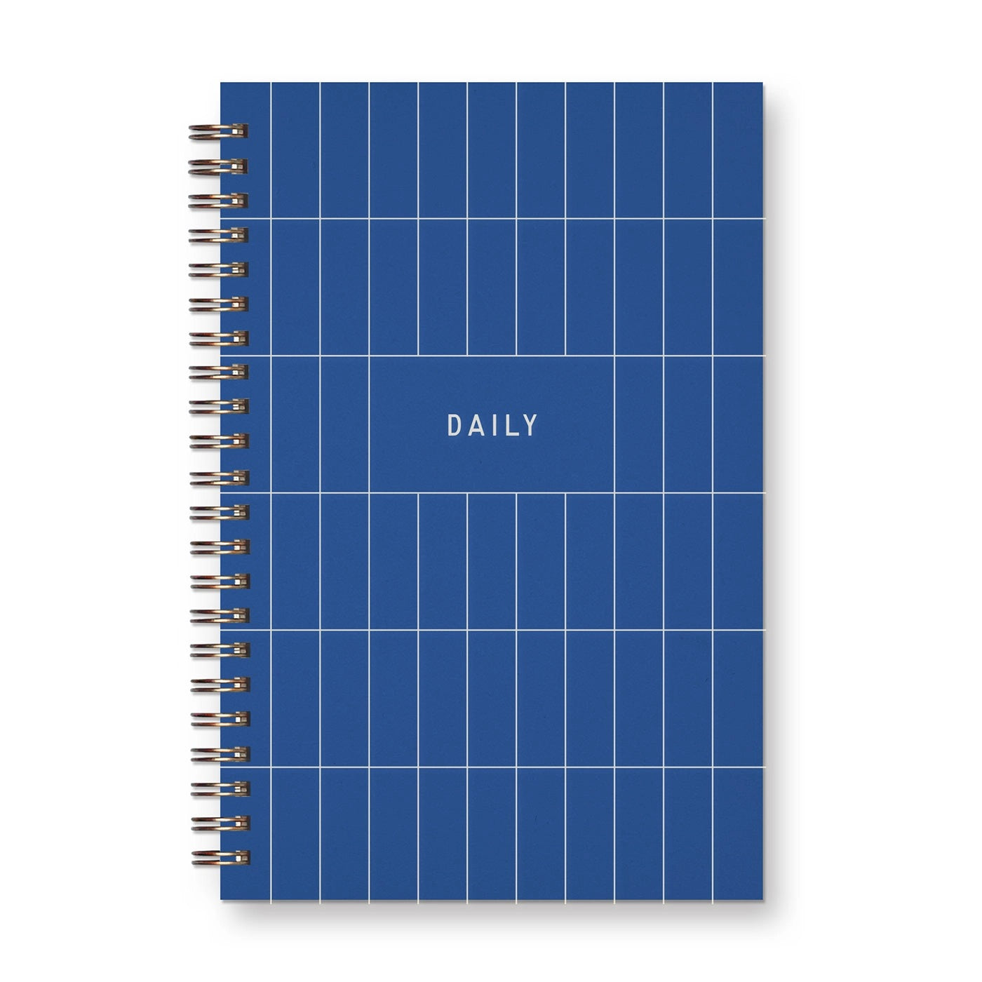 Front cover of the planner. Spiral bound. Blue cover with white lines. White text "daily" is printed on the front cover.