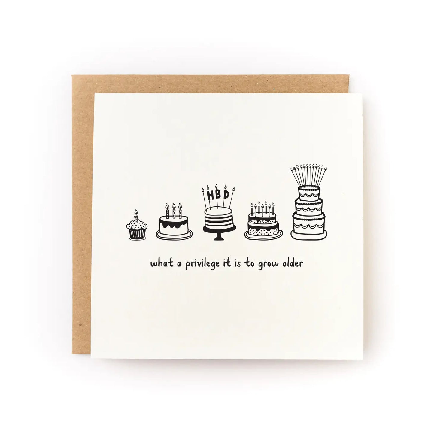 White card with black illustrations of five different birthday cakes topped with candles. "What a privilege to grow older" in black text