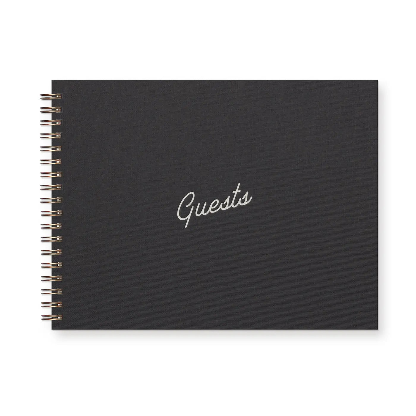 Spiral-bound black notebook with white text reading "guests"