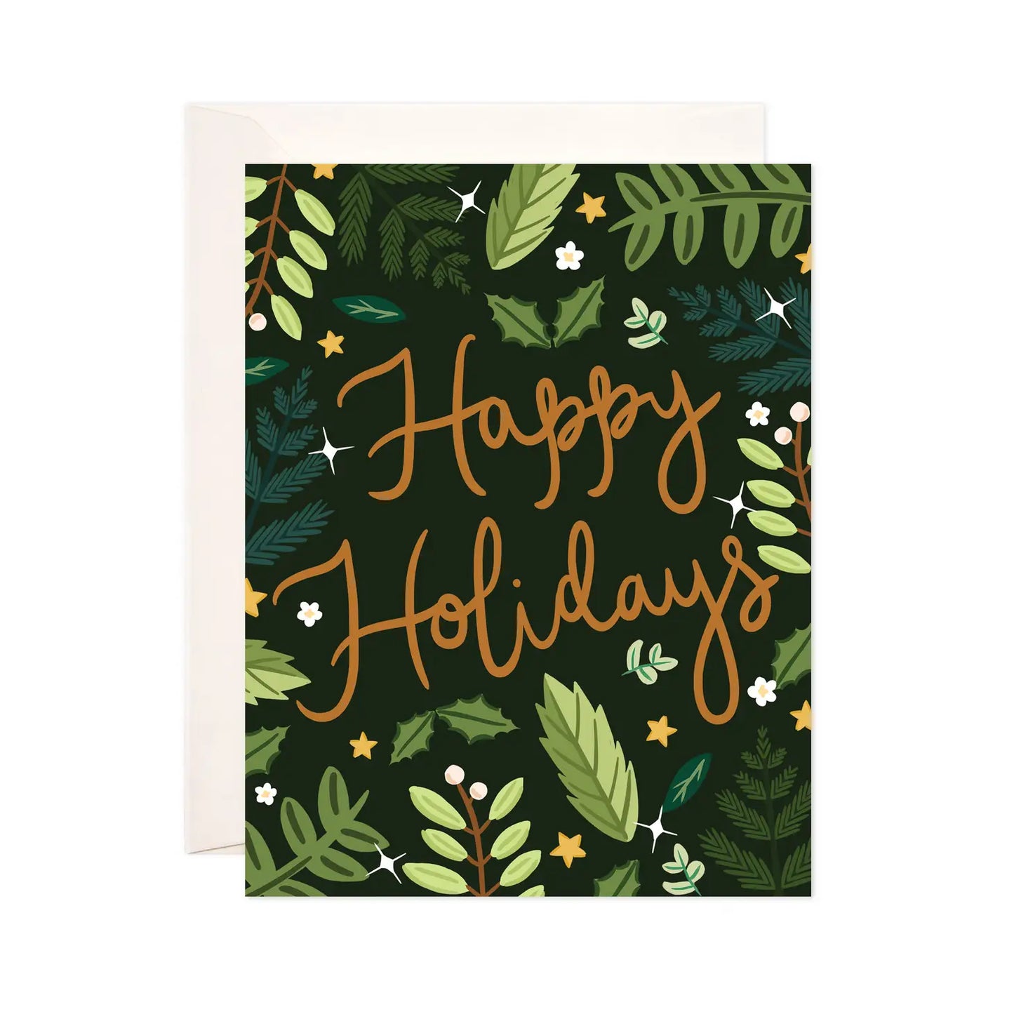 White card with full color black background. Shades of green illustrated foliage. Gold cursive text reads "happy holidays"