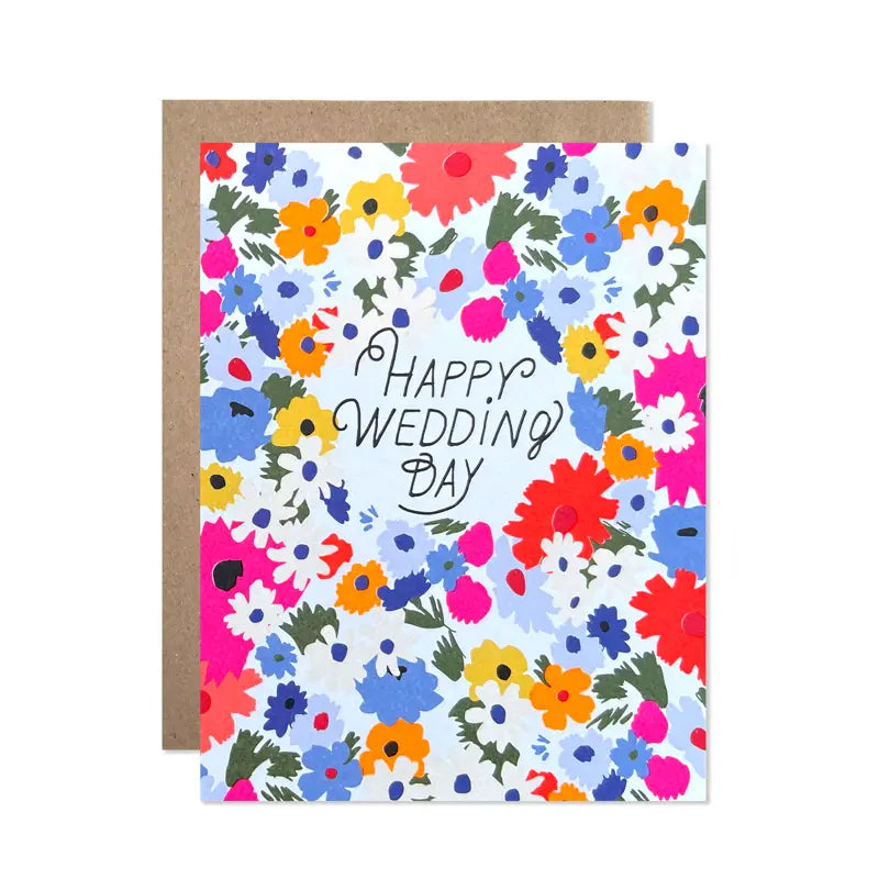 Greeting card with colorful floral pattern and 'Happy Wedding Day' text on a white background
