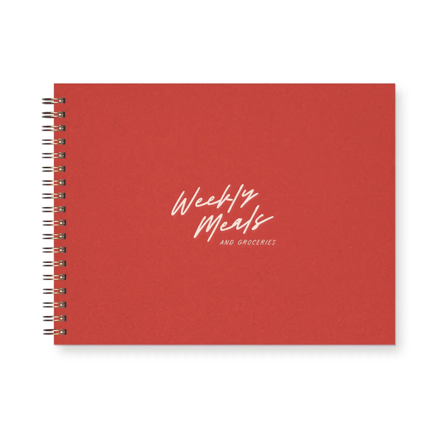 Front cover of spiral meal planner. Red color with white text “weekly meals”