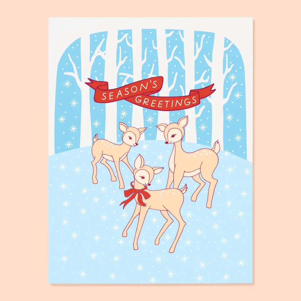 Greeting card featuring an illustration of fawns in a forest. Red banner with white text: season’s greetings