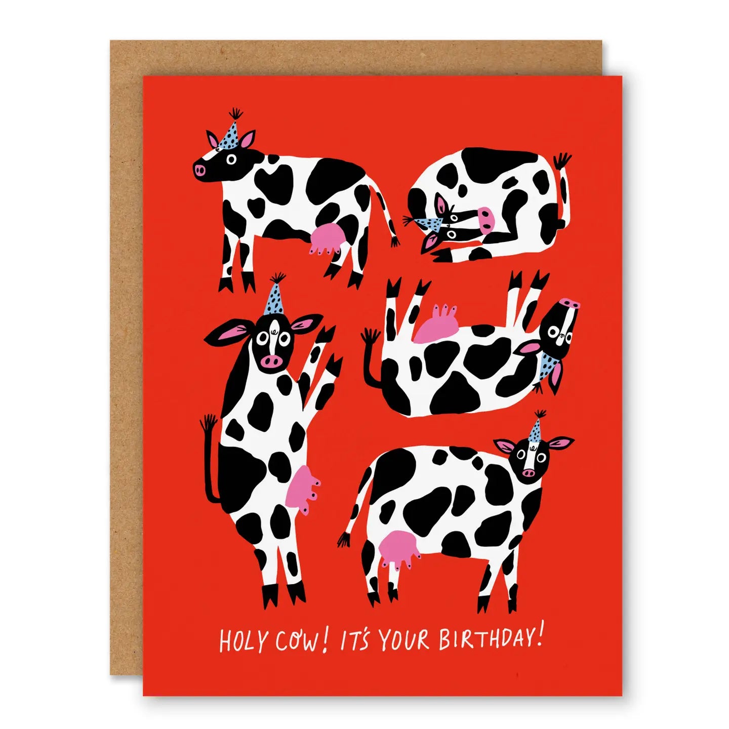 Birthday card with cartoon cows on a red background. White text: holy cow! It’s your birthday!