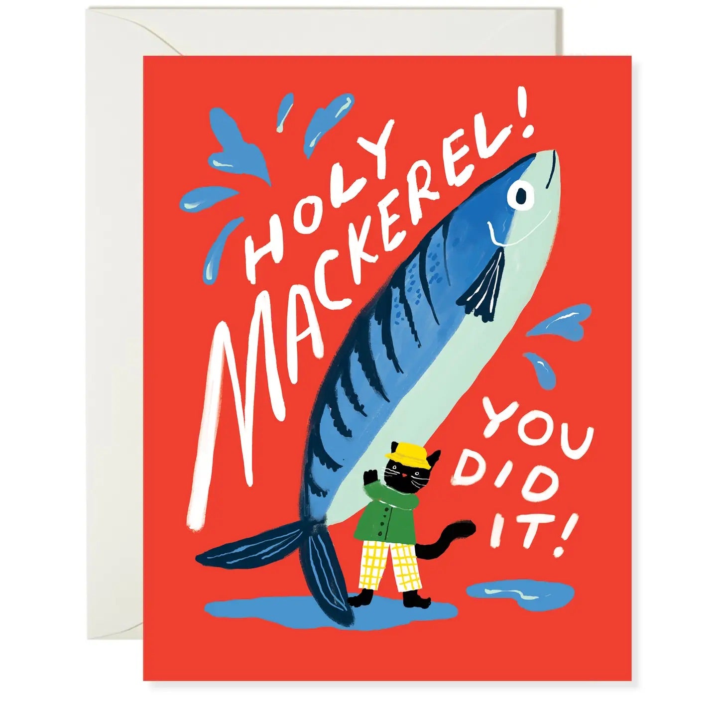 White greeting card with full color red background. Illustration of a cat holding up a giant fish. White text “holy mackerel! You did it!”