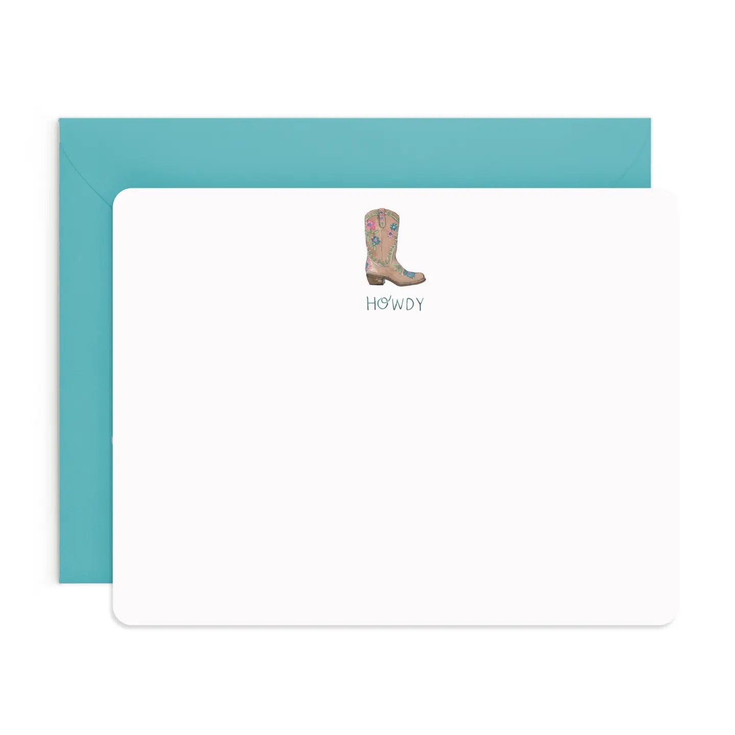 White notecard with cowboy boot and howdy at top. Blue envelope