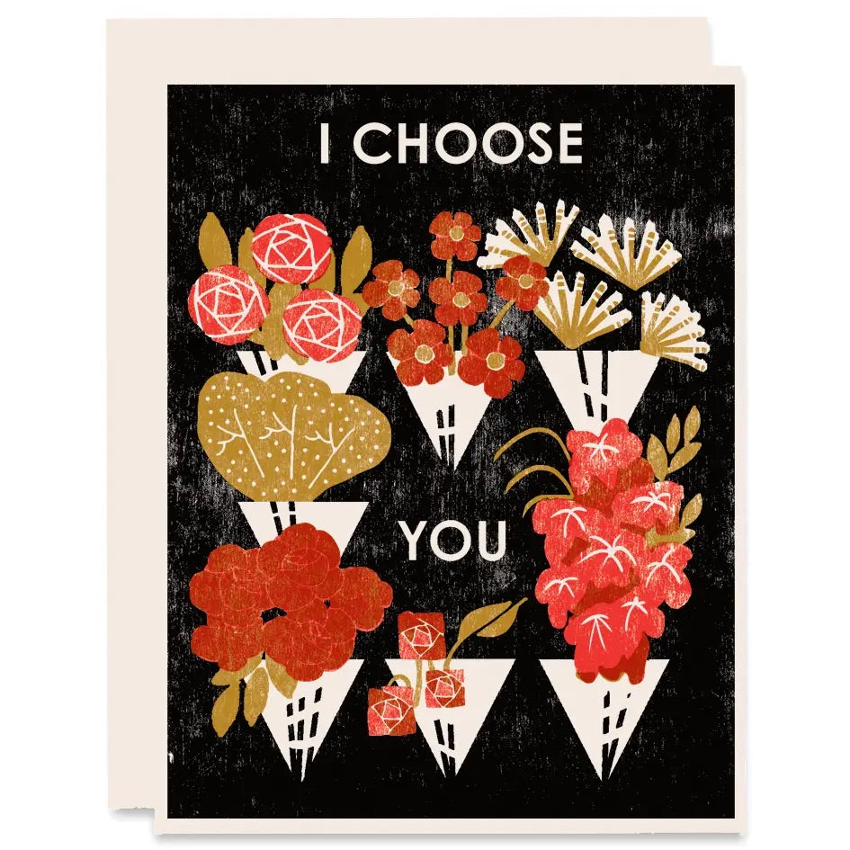White card with full color black background. Multicolor floral bouquet illustrations. White text "I choose you"