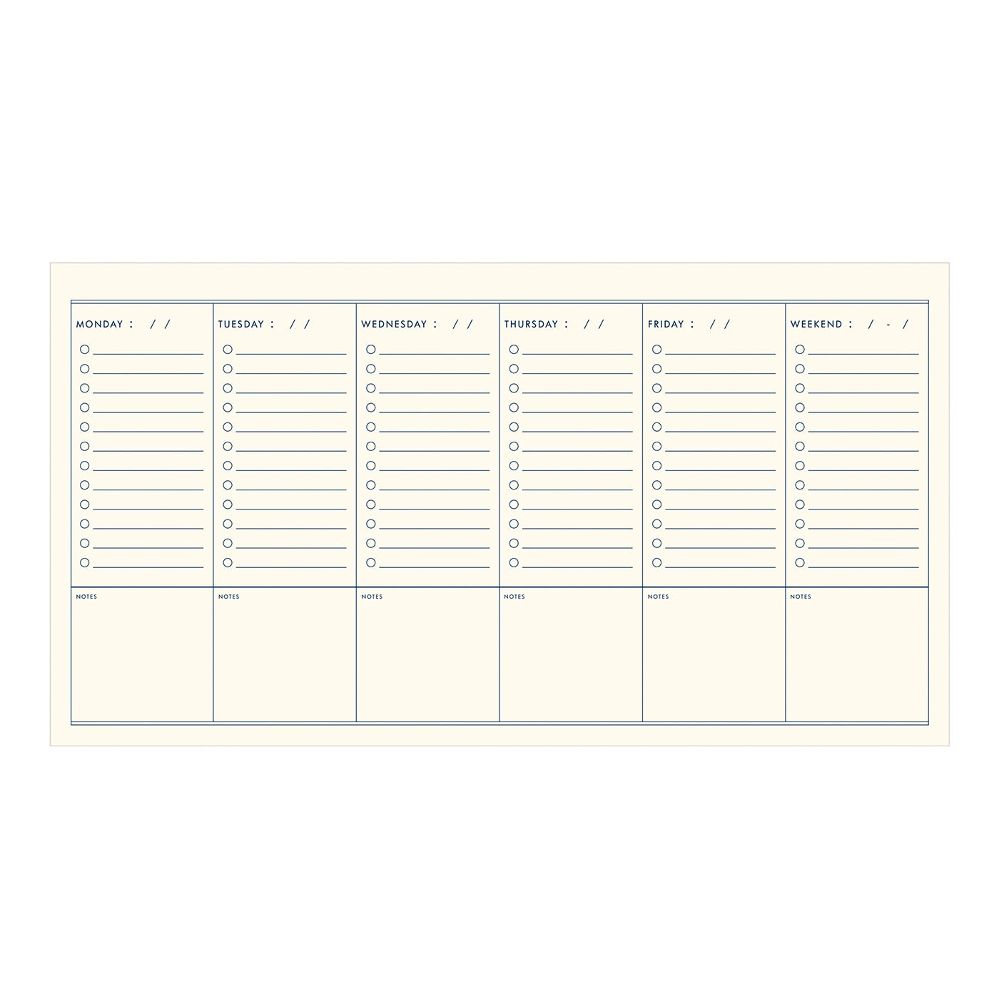 Inside view of planner. Lined to-do lists for each day of the week.