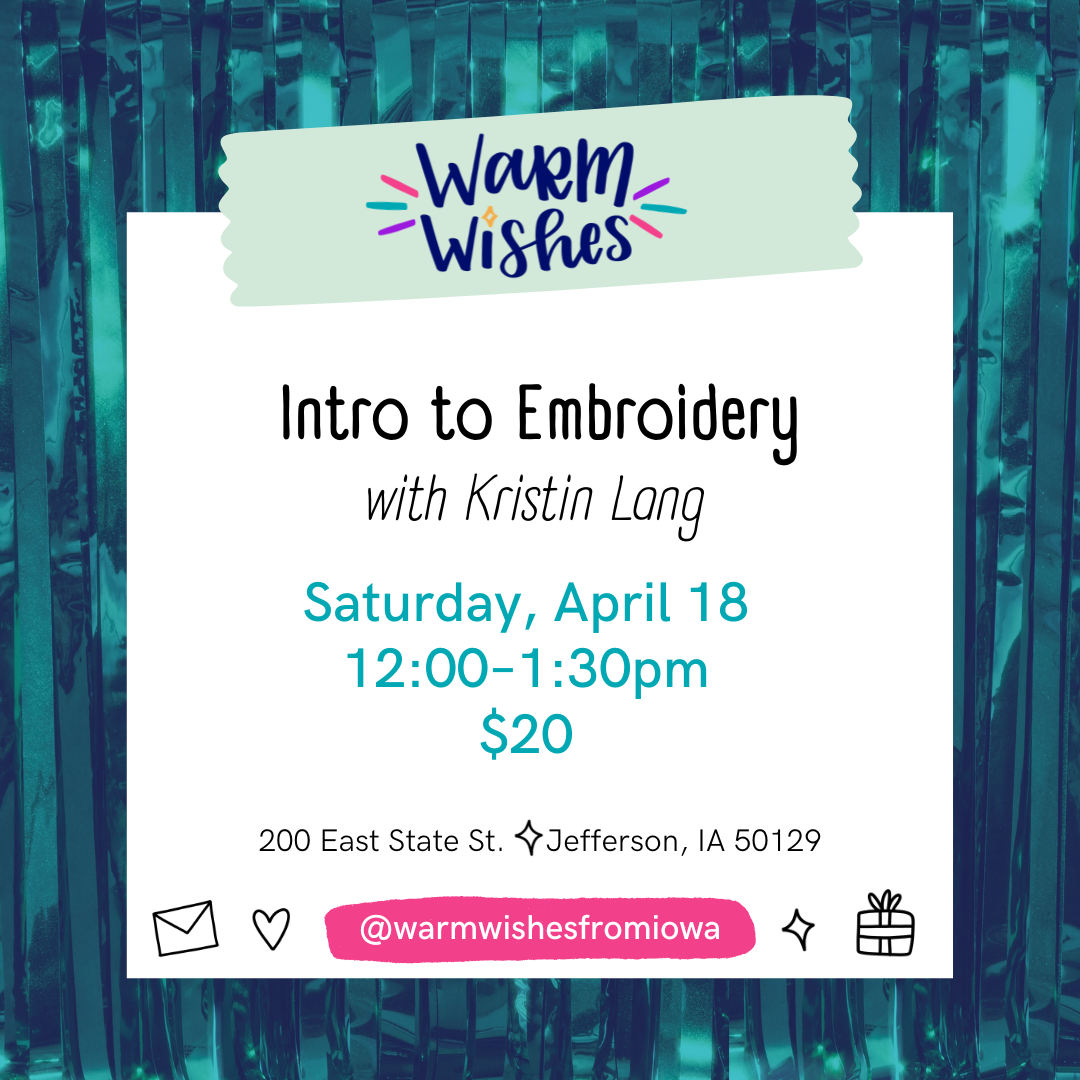 Advertisement for an embroidery class with text and decorative elements on a teal background.