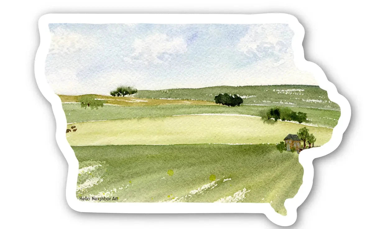 Sticker in the shape of Iowa with a landscape design fill