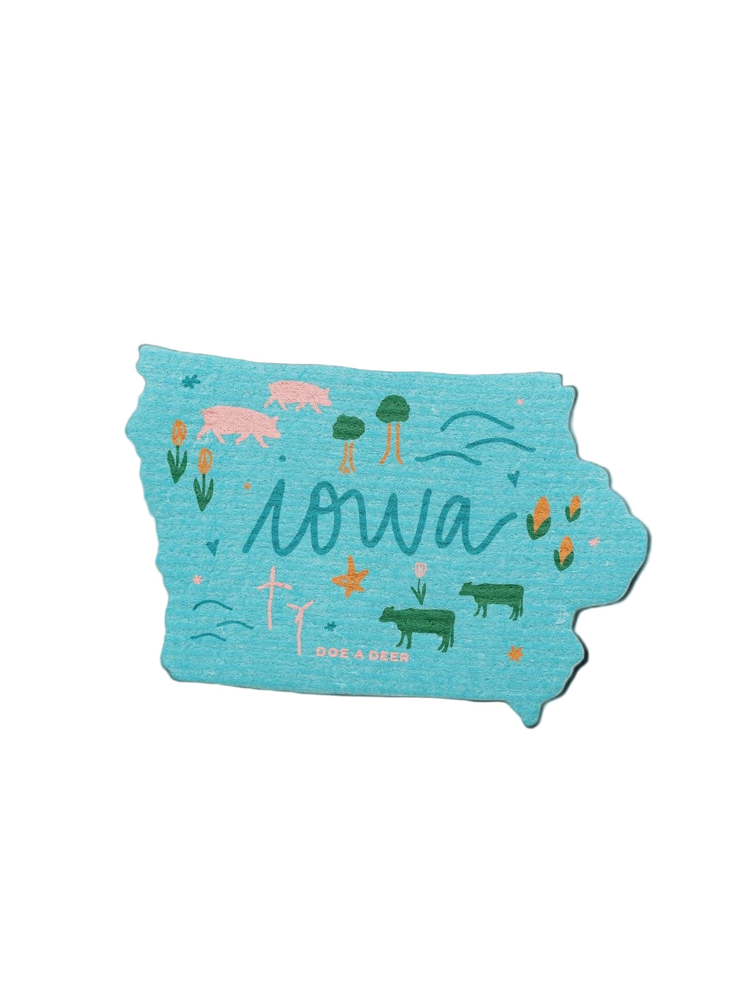 Blue Swedish dish cloth in the shape of Iowa. Colorful illustrations of flora and fauna.