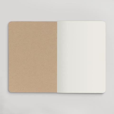 Inside view of notebook. Tan back of front cover and blank white page.