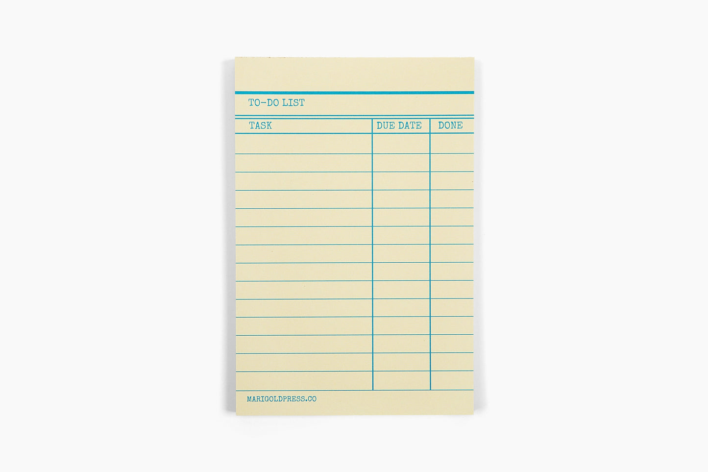 Yellow to-do list pad with blue lines on a white background. Library card design.