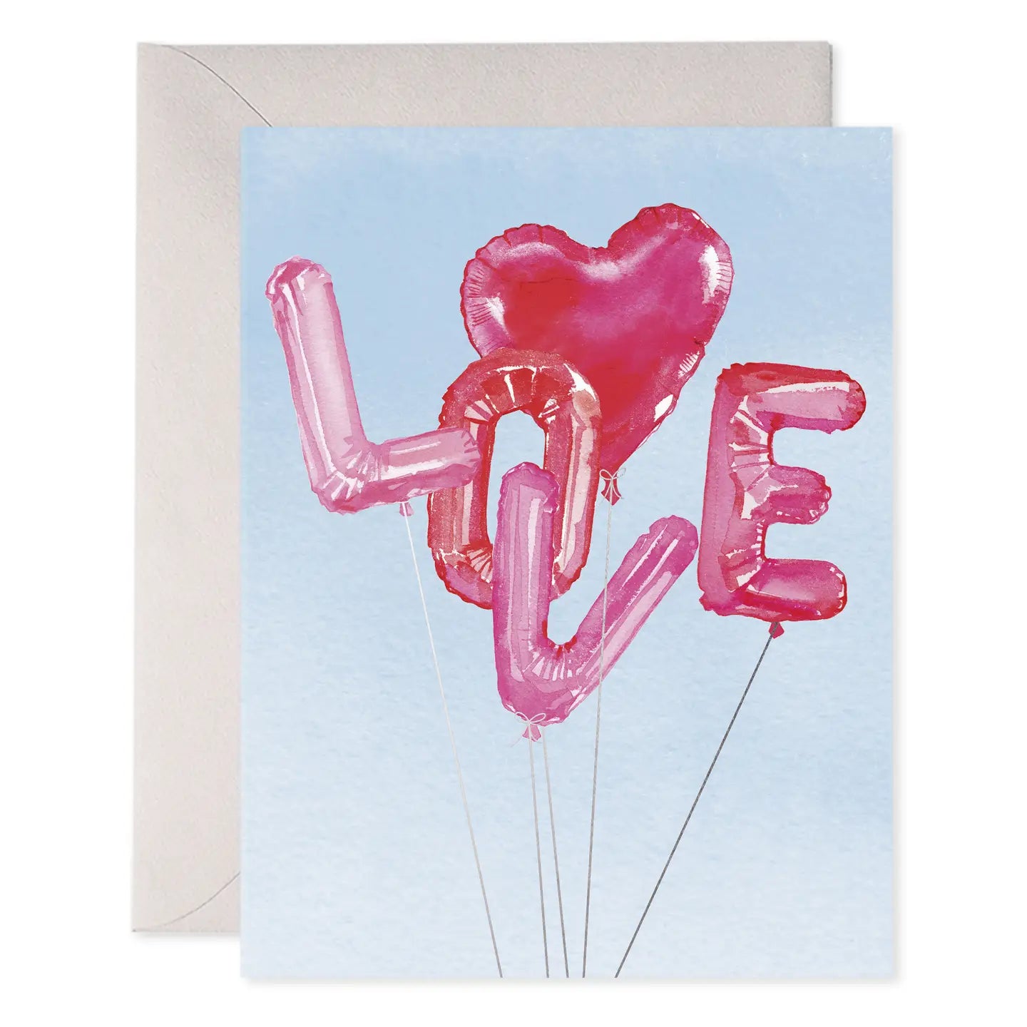 Greeting card with pink 'LOVE' balloons on a light blue background
