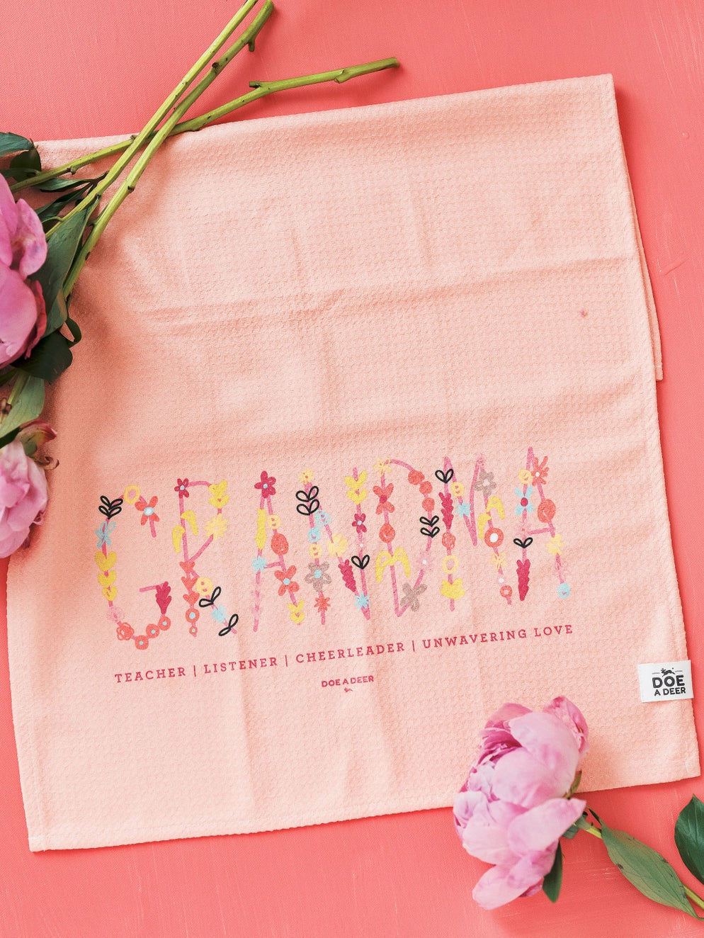 View of a microfiber dish towel with grandma design